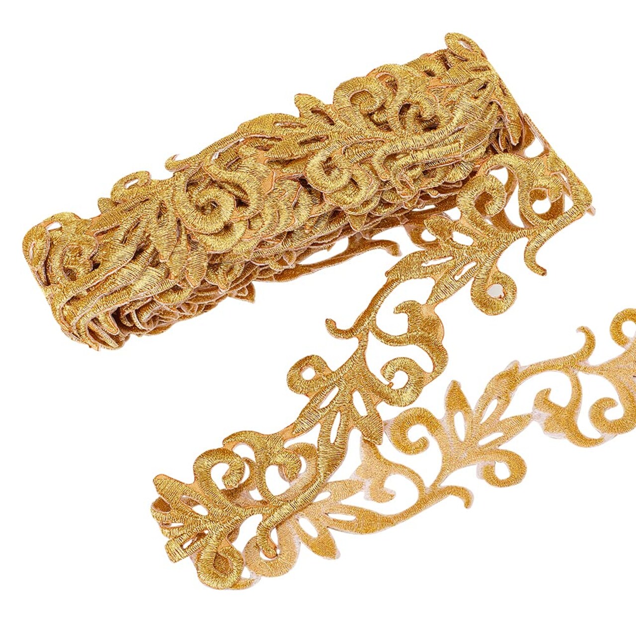 4.37 Yards Gold Embroidery Polyester Ribbons, 1.3 Inch Wide Adhesive Goldenrod Lace Trim Iron on Metallic Flower Lace for Sewing Costumes Gowns Home Decor Garment Accessories